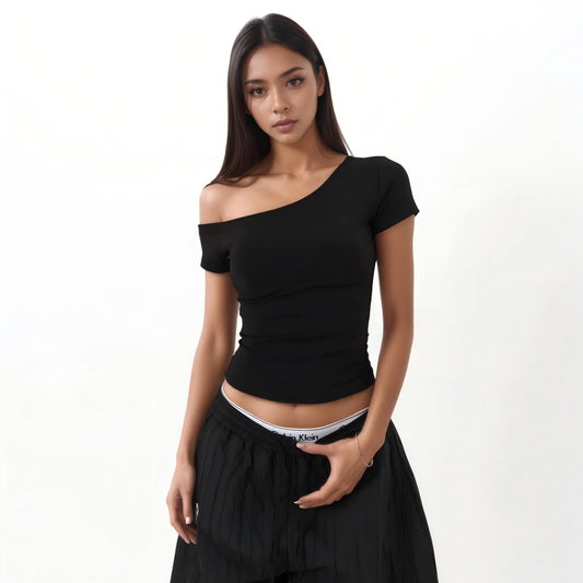 Off-the-shoulder slimming T-shirt